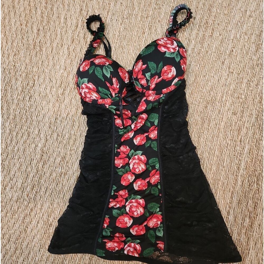 Black Floral Lace Babydoll Lingerie with Red Roses Size SMALL